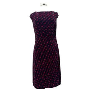 Lauren Ralph Lauren Black and Magenta Patterned Cap-Sleeve Sheath Dress